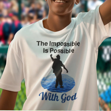 Bella+Canvas youth unisex t-shirt with “Impossible Teen” design featuring a teen walking on water and uplifting message, Christian apparel made from soft cotton, perfect for active wear and spiritual encouragement, boy in white t-shirt
